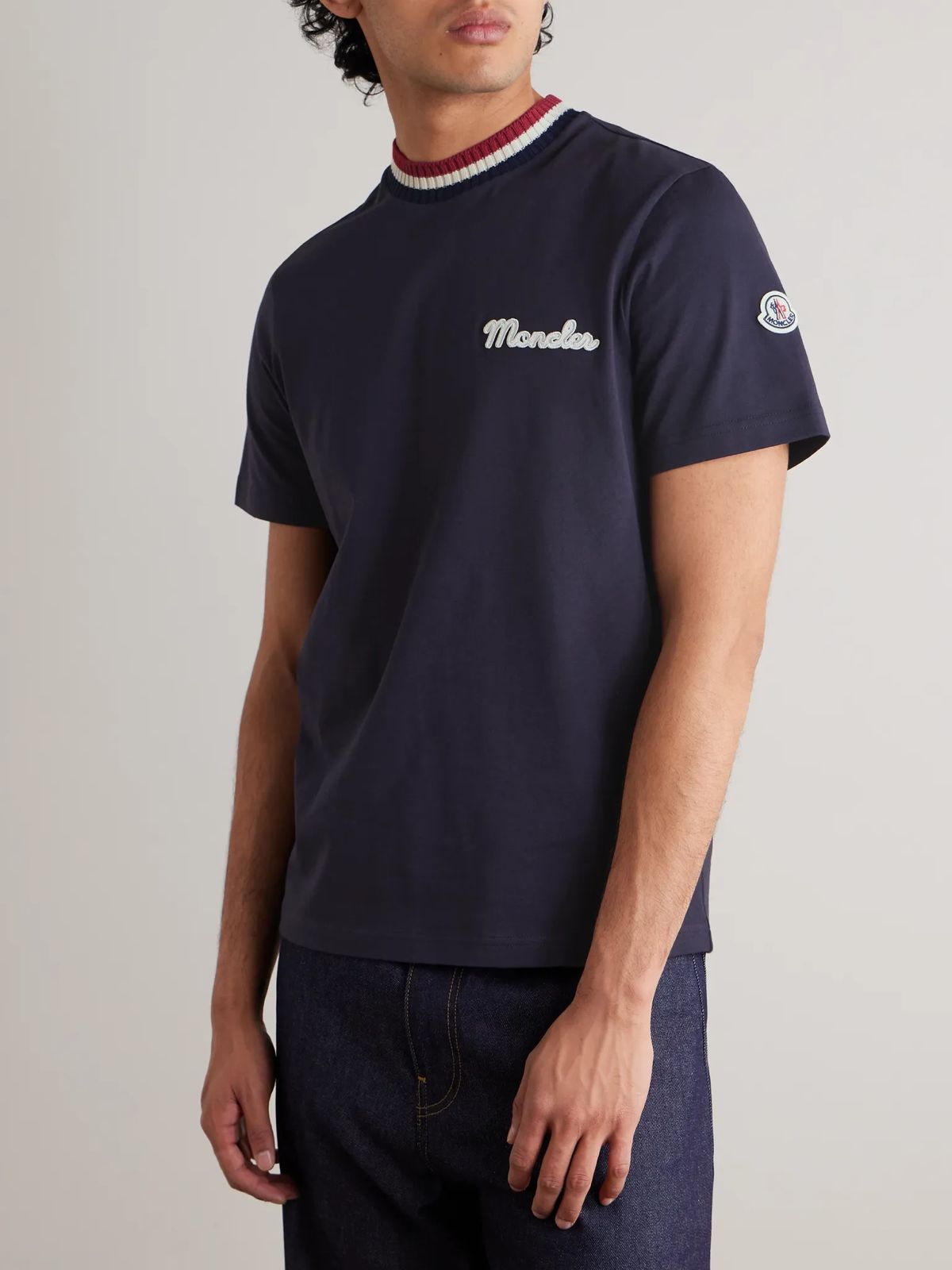 Moncler Men's Jersey Stripe-Ribbed Crewneck T-Shirt navy blue