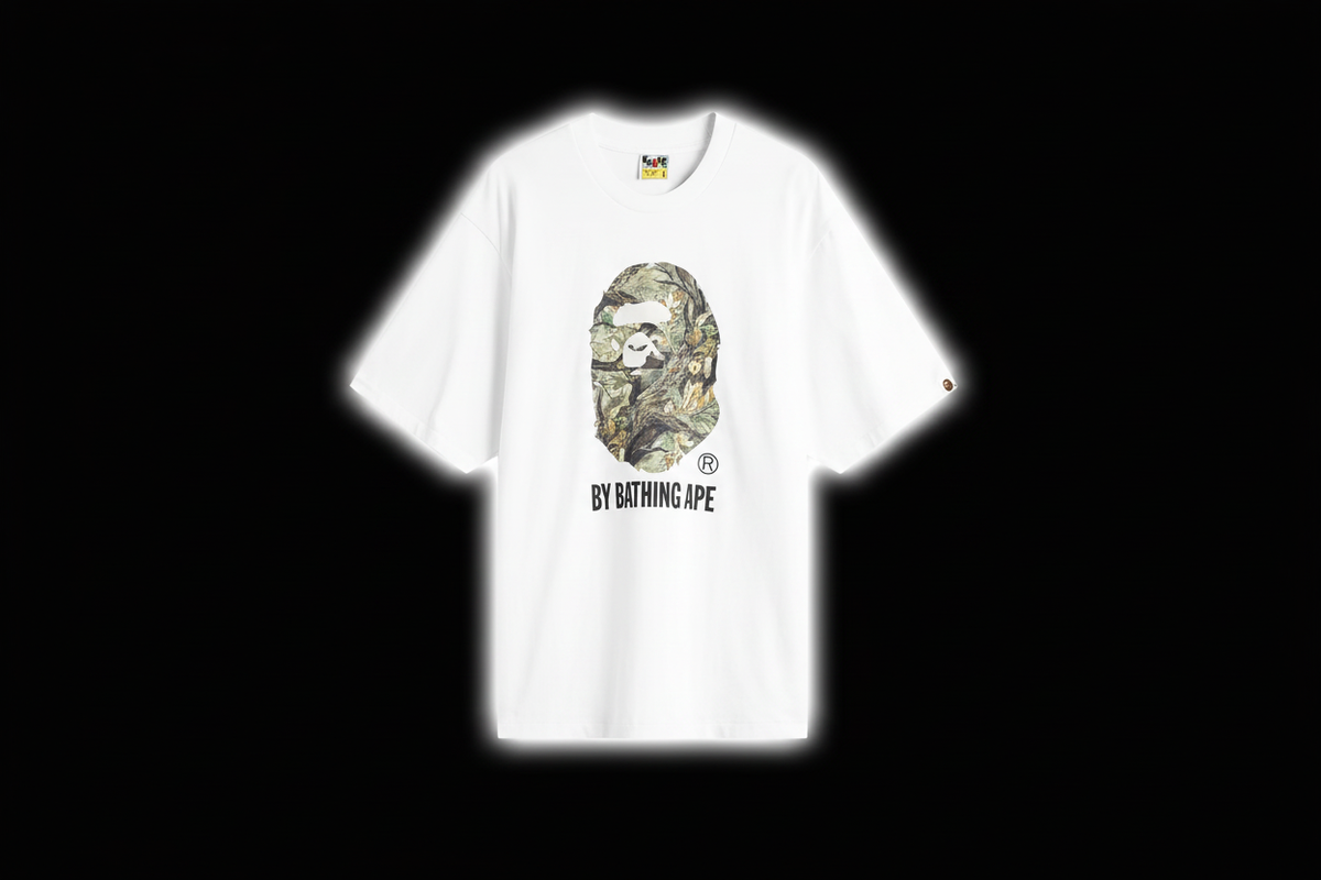 BAPE Woodland Camo Ape Head Tee Black Background