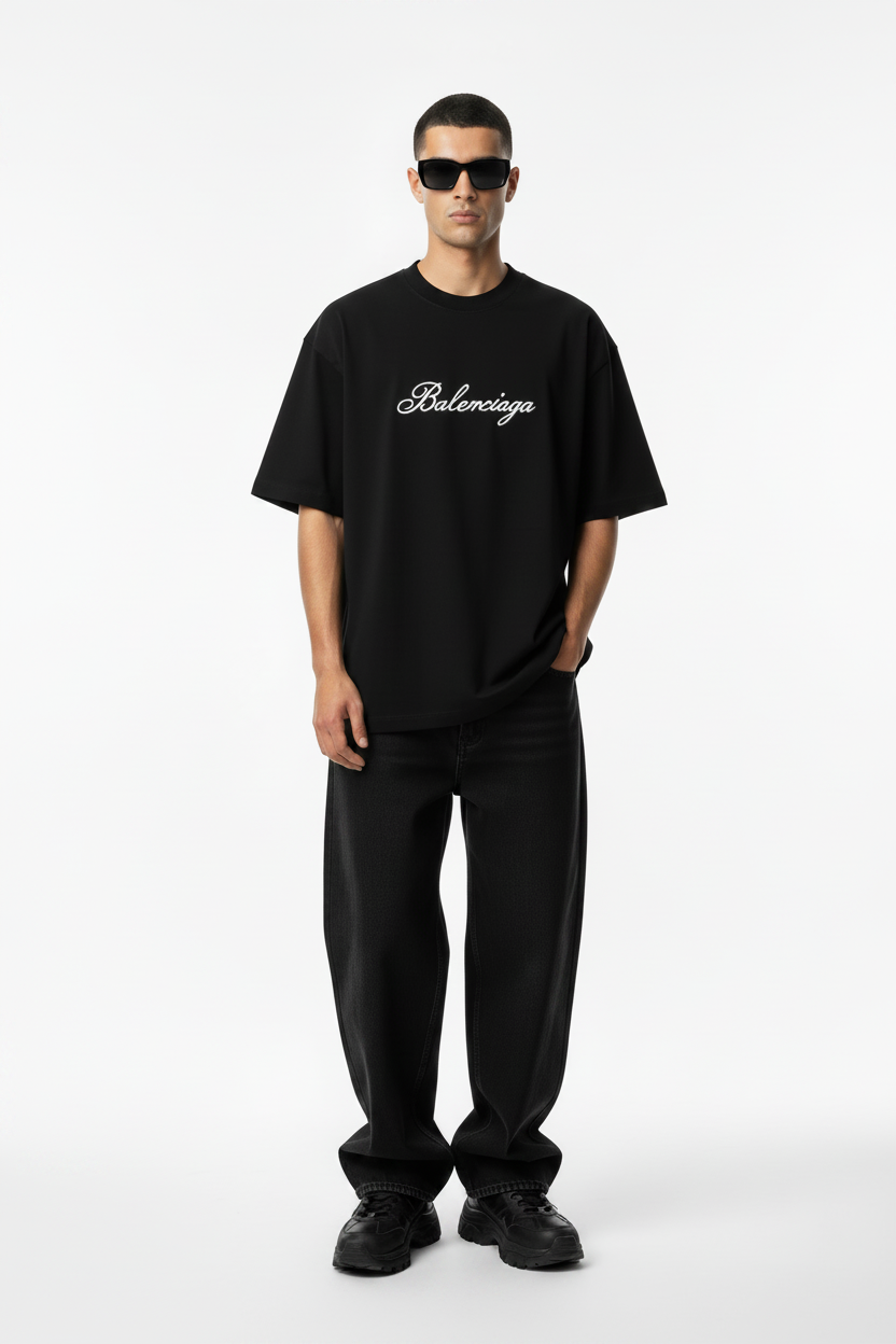 Black Balenciaga Tee - White Model Front View