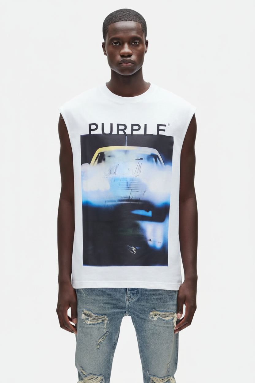 Purple Car Tee White Sleeveless On-Model