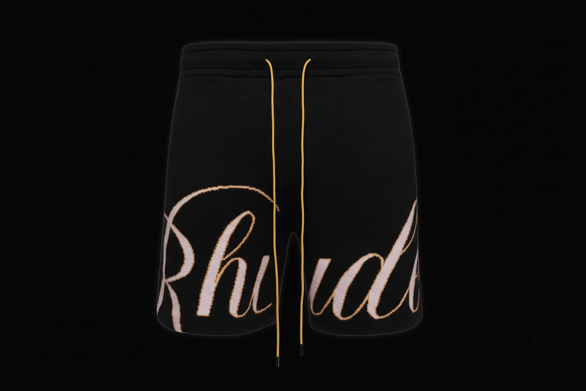 Rhude Black Script Shorts Black Background