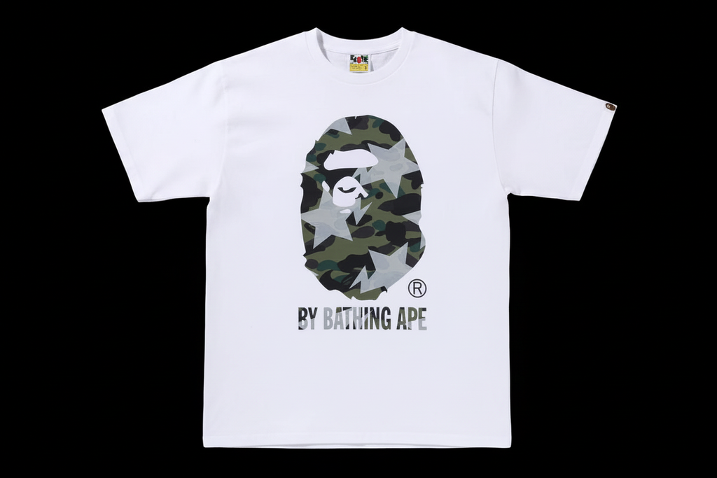 White BAPE Camo Star Tee Black Background